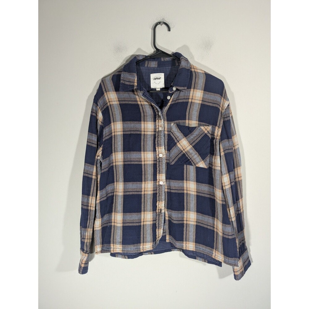 Aerie Womens Navy Plaid Button Up Shirt Sz XS Oversized streetwear Grunge